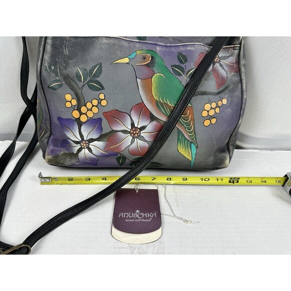 Anuschka Hand-Painted Leather Medium Cross Body Bag Bird On a Branch - Picture 3 of 12